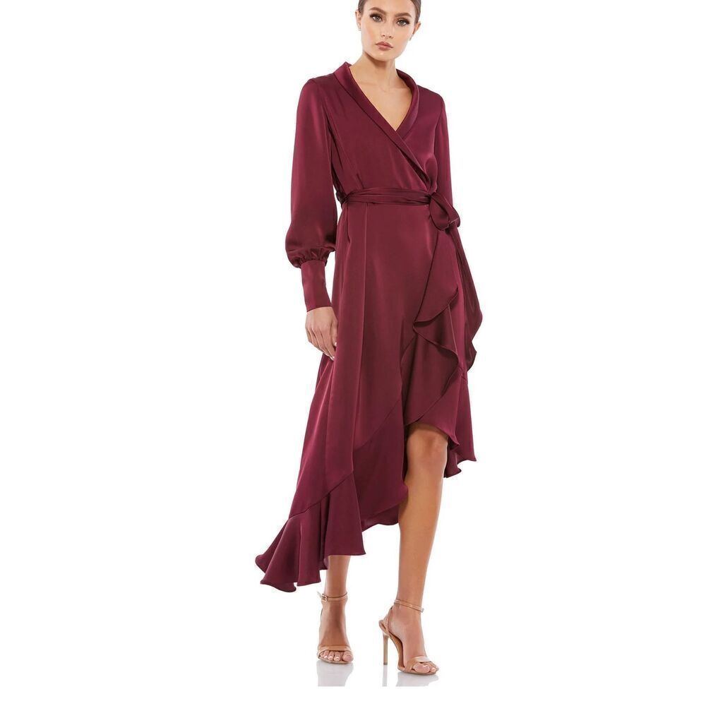 Mac Duggal Satin Ruffle Asymmetrical Midi Dress